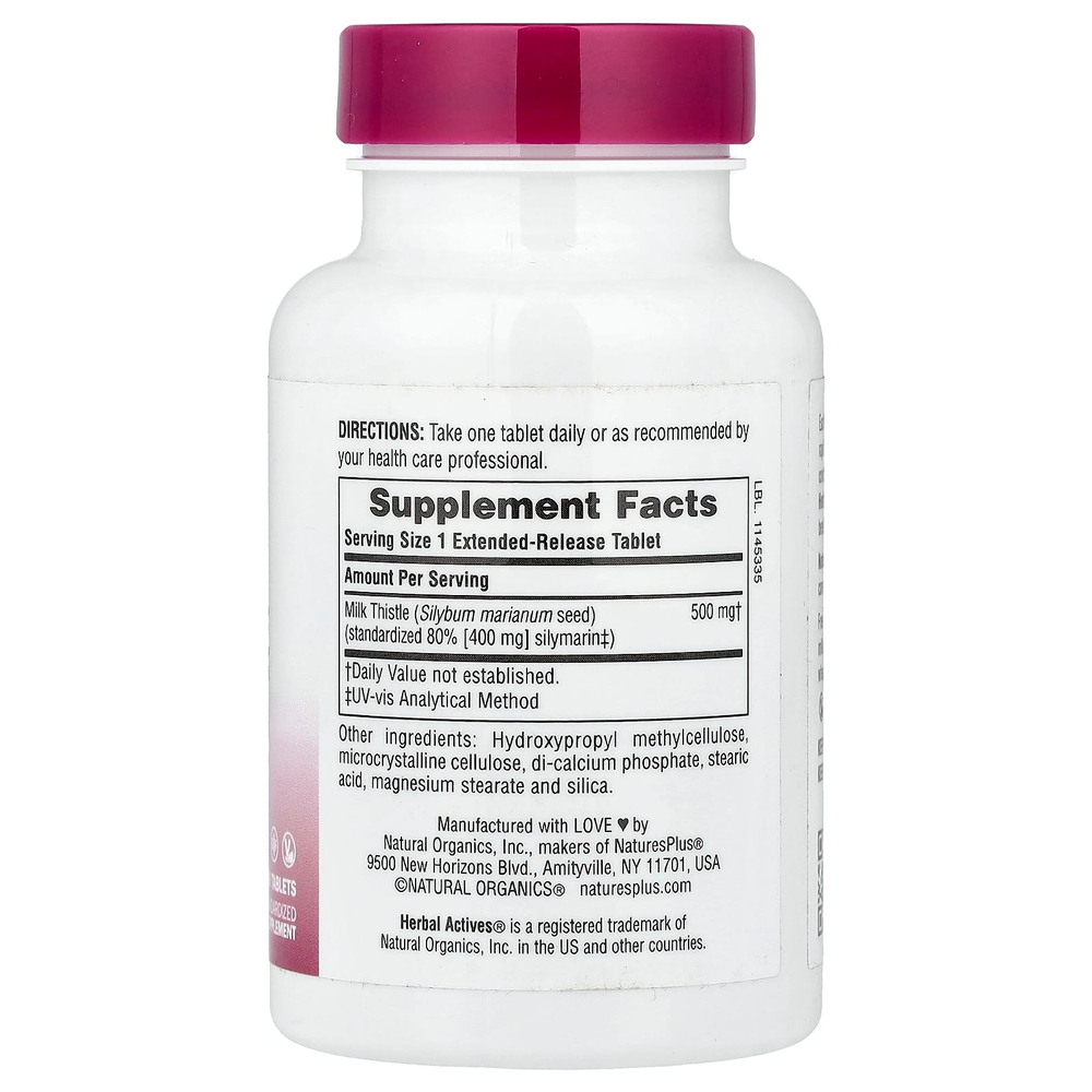 NaturesPlus, Herbal Actives, расторопша, с замедленным высвобождением, 500 мг, 30 таблеток