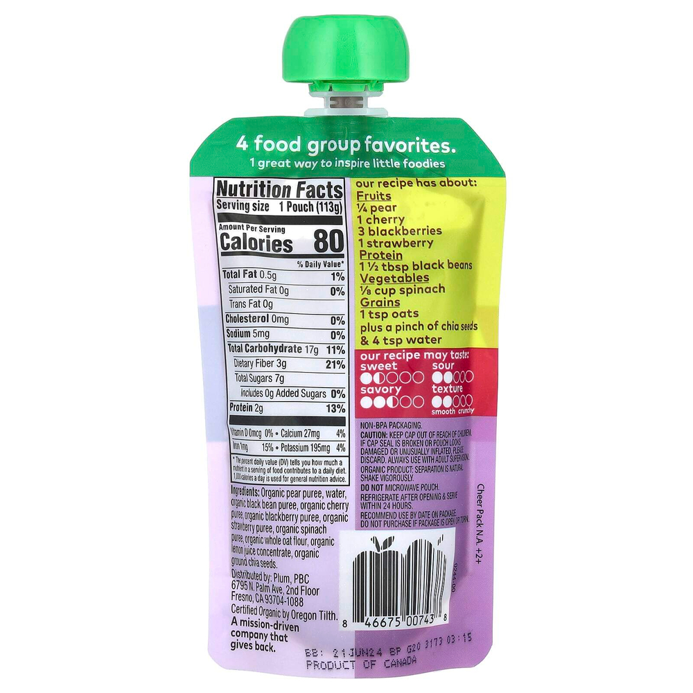 Plum Organics, Mighty 4 Food Group, смесь, груша, вишня, ежевика, клубника, черная фасоль, шпинат и овес, 113 г (4 унции)