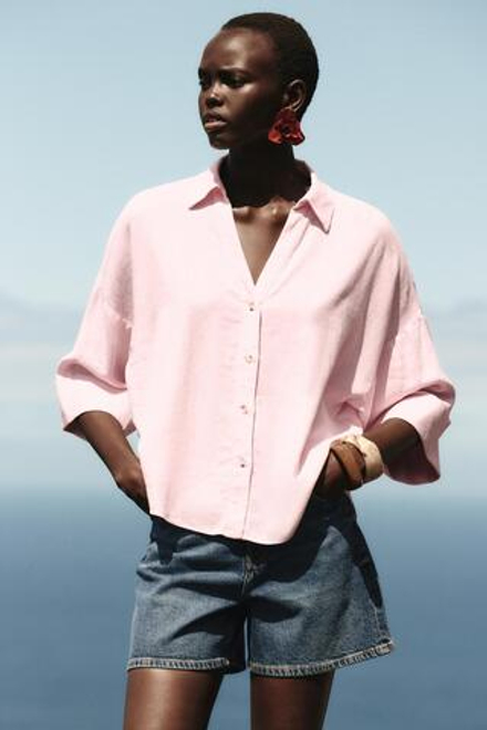 ZARA РУБАШКА ИЗ СМЕСОВОГО ЛЬНА С ШИРОКИМИ РУКАВАМИ, РОЗОВЫЙ