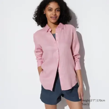 UNIQLO ЛЬНЯНАЯ РУБАШКА 100% ПРЕМИУМ-КЛАССА, РОЗОВЫЙ