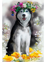 Алмазная мозаика 17*22см. квадрат. с подр. "Хаски с венком цветов" с полным заполн.20цв. (Арт.НД-077