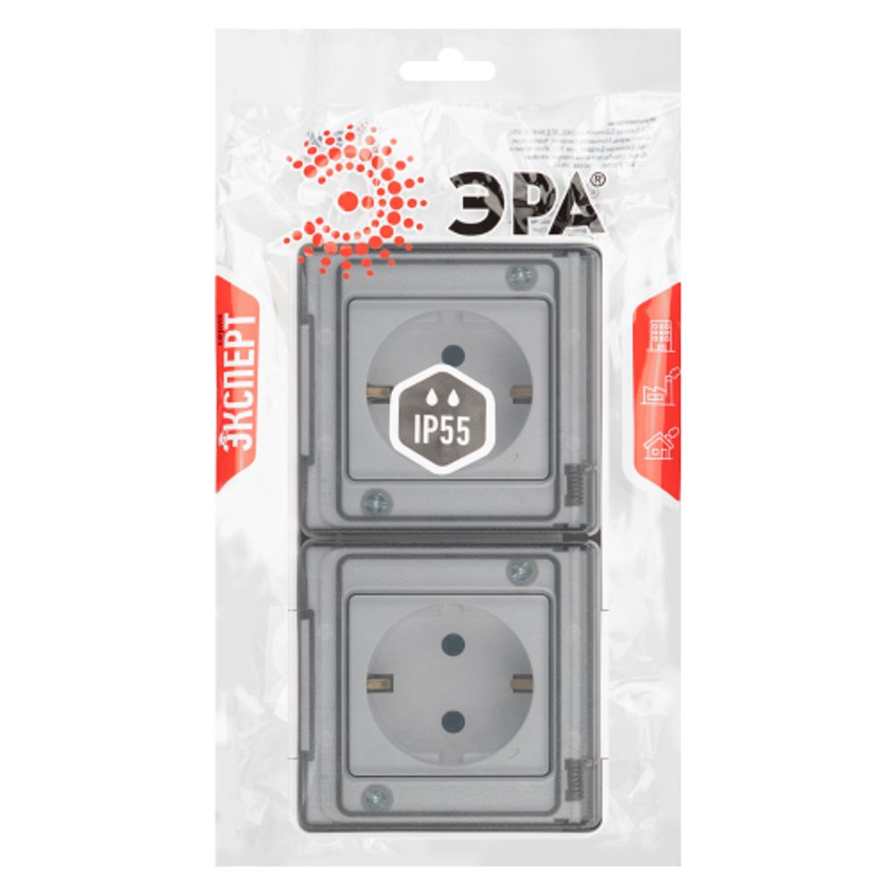 Розетка ЭРА Эксперт 11-2503-01 2х2P+E гориз. IP55, 16A-250В, ОУ, белый