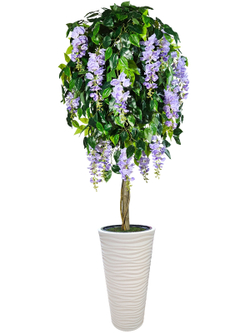 Искусственное дерево Акация сиреневая 190 см в высоком круглом белом кашпо