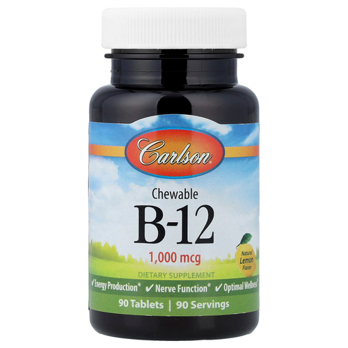 Carlson, жевательный витамин B12, натуральный лимонный вкус, 1000 мкг, 90 жевательных таблеток