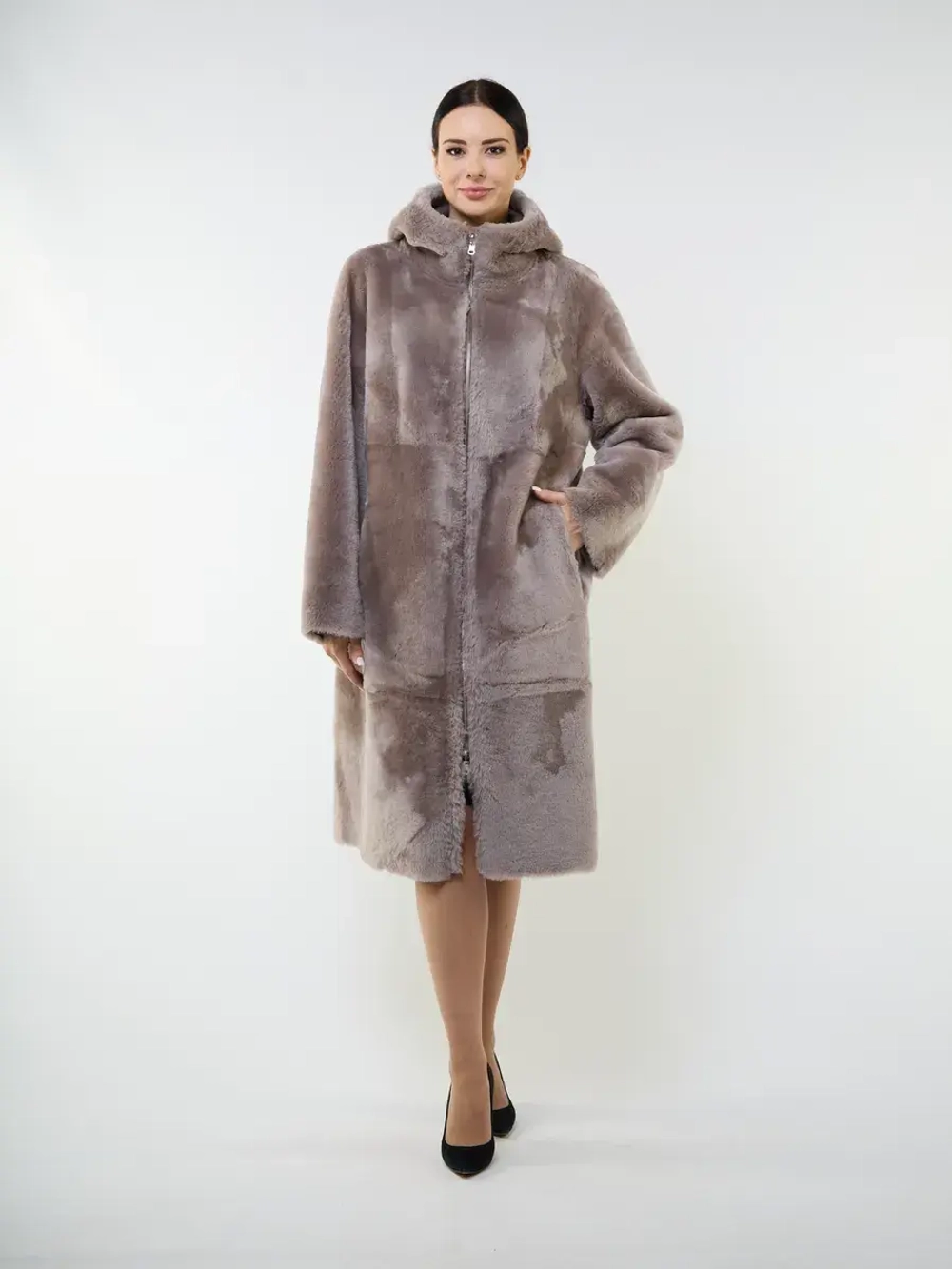 Дубленка зимняя двухсторонняя шуба с капюшоном