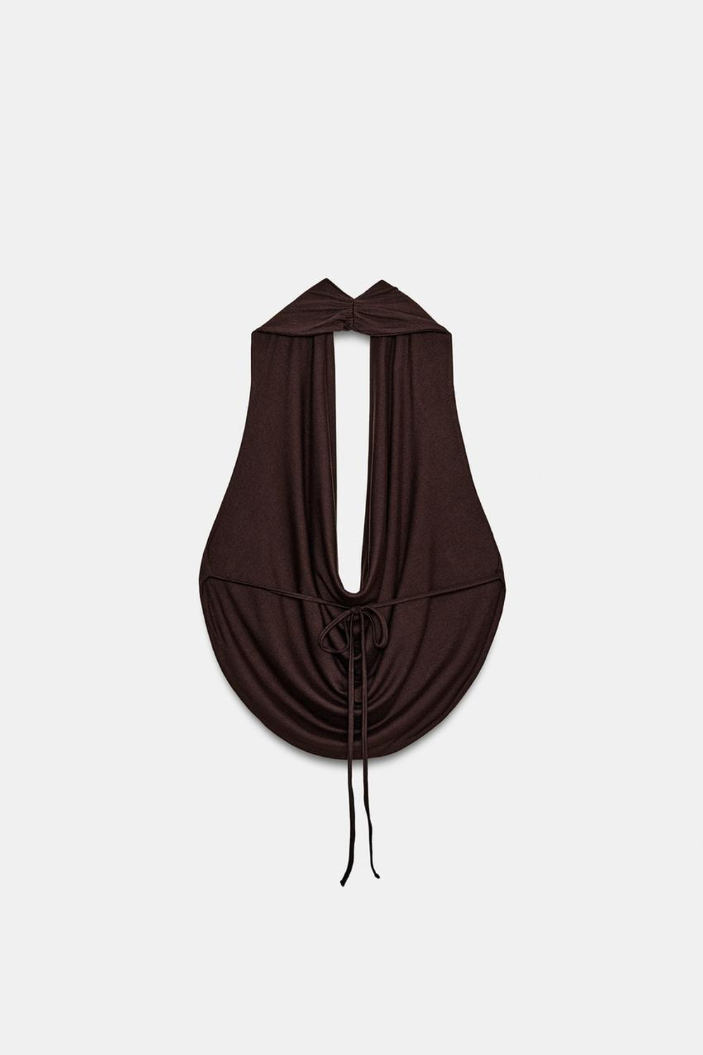 ZARA ДРАПИРОВАННЫЙ ТОП С ГОРЛОВИНОЙ ХАЛТЕР, ТЕМНО-КОРИЧНЕВЫЙ