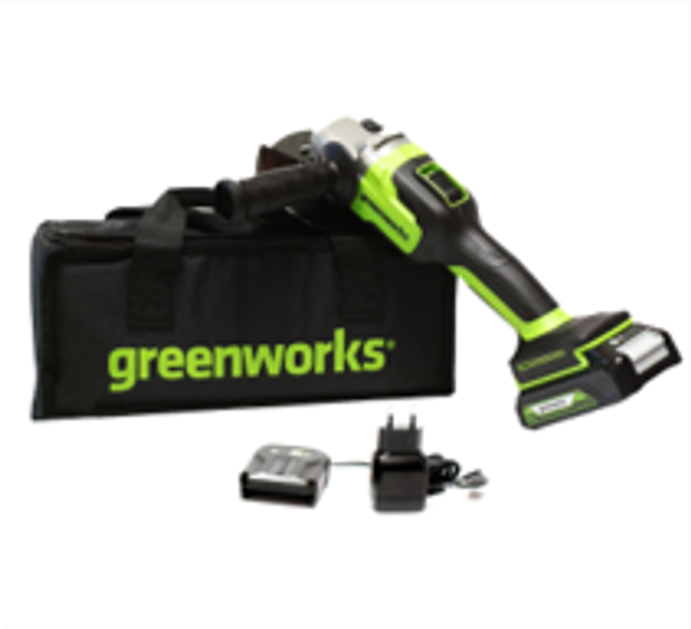 Угловая шлифовальная машина Greenworks GD24AGK2, 24V, бесщеточная, 125 мм, 10500 об/мин, c 1хАКБ 2Ач и ЗУ 2А, сумка (3200207UA)