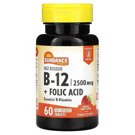 Sundance Vitamins, быстрорастворимый витамин B12 с фолиевой кислотой, с натуральным ягодным вкусом, 60 быстрорастворимых таблеток