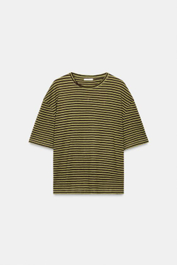 ZARA ФУТБОЛКА В ПОЛОСКУ В СТИЛЕ РУСТИК, КОРИЧНЕВЫЙ/ЗЕЛЕНЫЙ