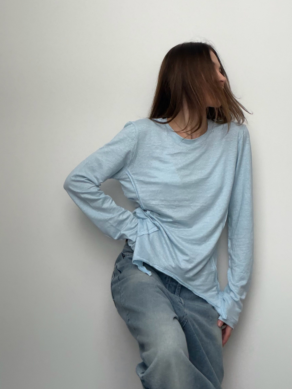 Лонг льняной голубой с рельефами