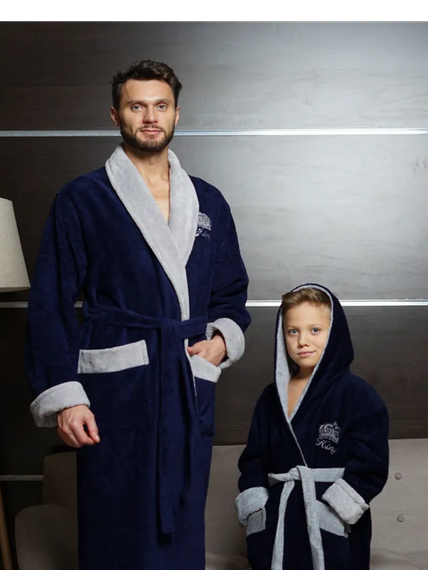 Детский велюровый халат с капюшоном KING синий