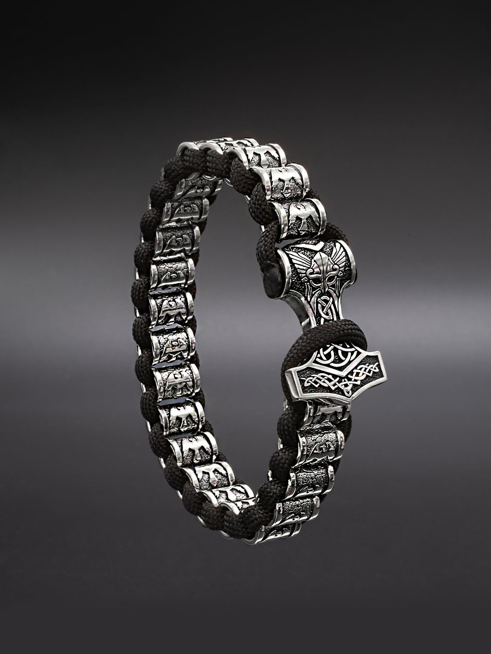 Браслет Ворон из серебра 925 пробы с застежкой молот Тора