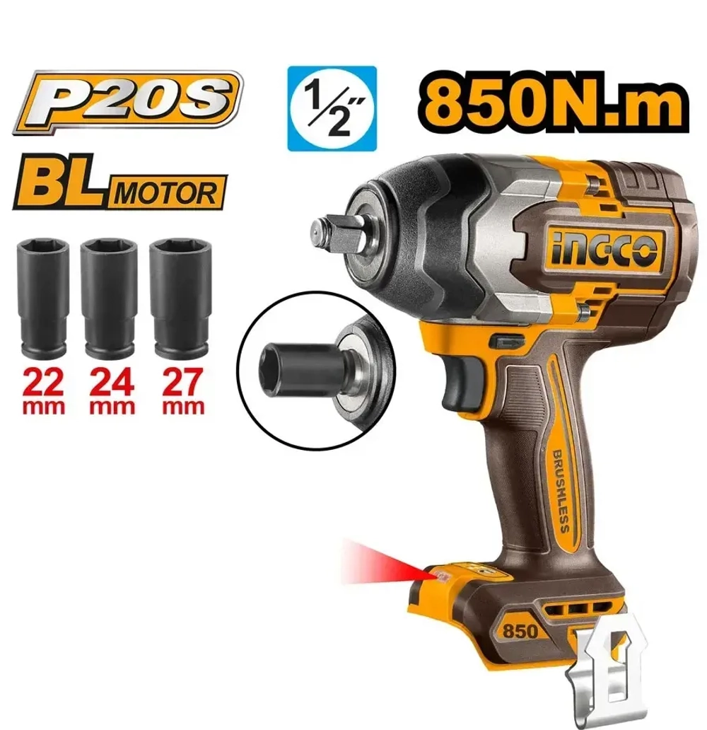 Аккумуляторный бесщеточный ударный гайковерт INGCO CIWLI20851 INDUSTRIAL 20 В 1/2" 850 Нм