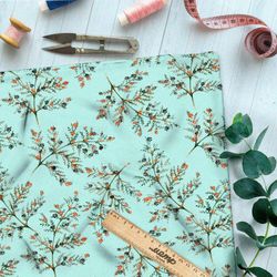 Ткань габардин оранжевая рябина на зелёном фоне