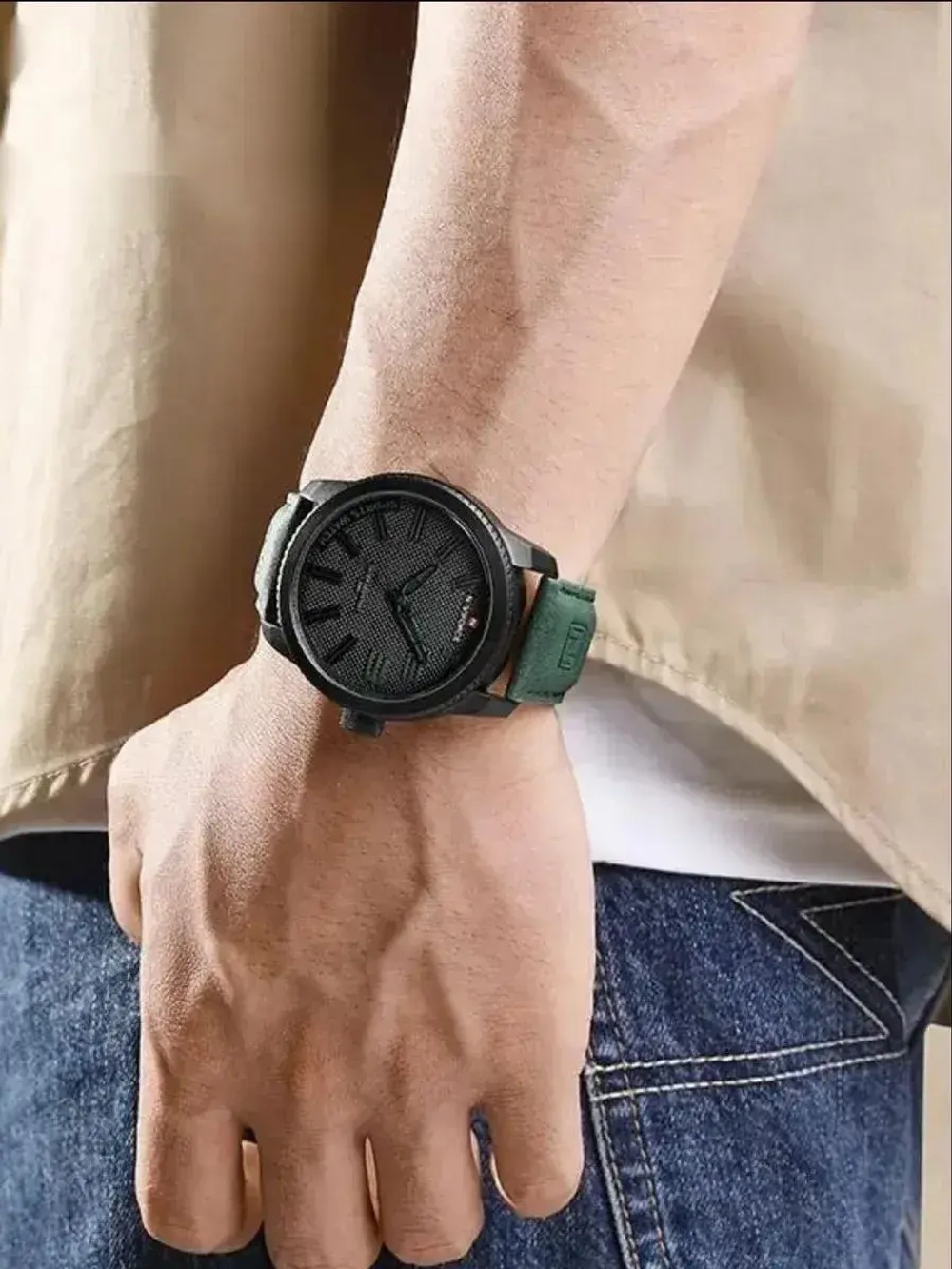 Часы наручные кварцевые NAVIFORCE на кожаном ремешке, черный/зеленый W8950-04