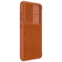 Кожаный чехол книжка коричневого цвета от Nillkin для Samsung Galaxy S23, серия Qin Pro Leather с защитной шторкой для камеры