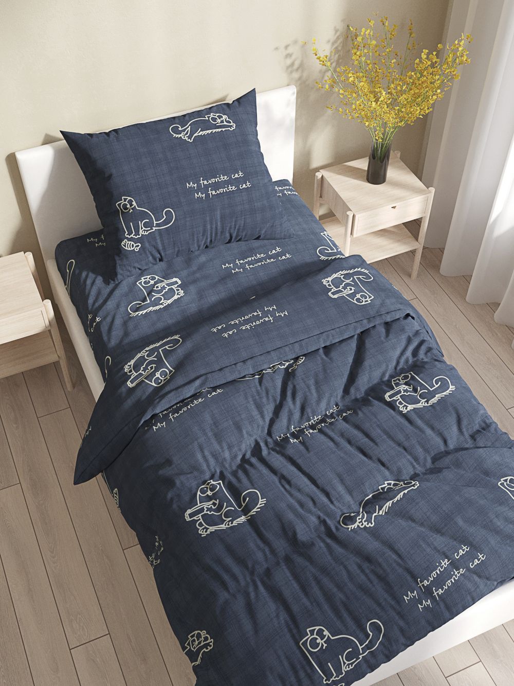 Постельное белье Сказка "Котики Грей" 1,5-сп Наволочка 50х70 см 1 шт Простынь 150х215 см Пододеяльник 145х215 см, поплин
