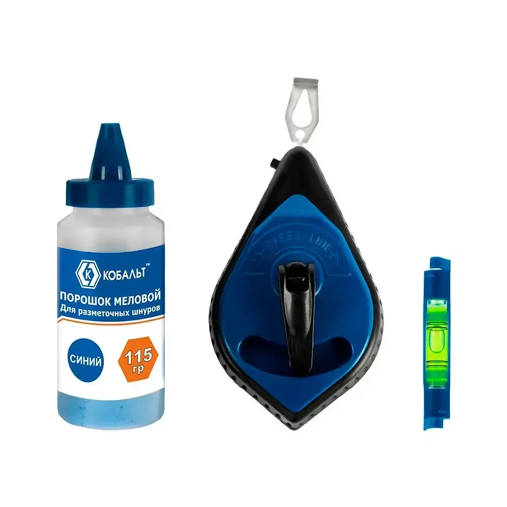 Шнур разметочный КОБАЛЬТ 30 метров + меловой порошок + уровень.