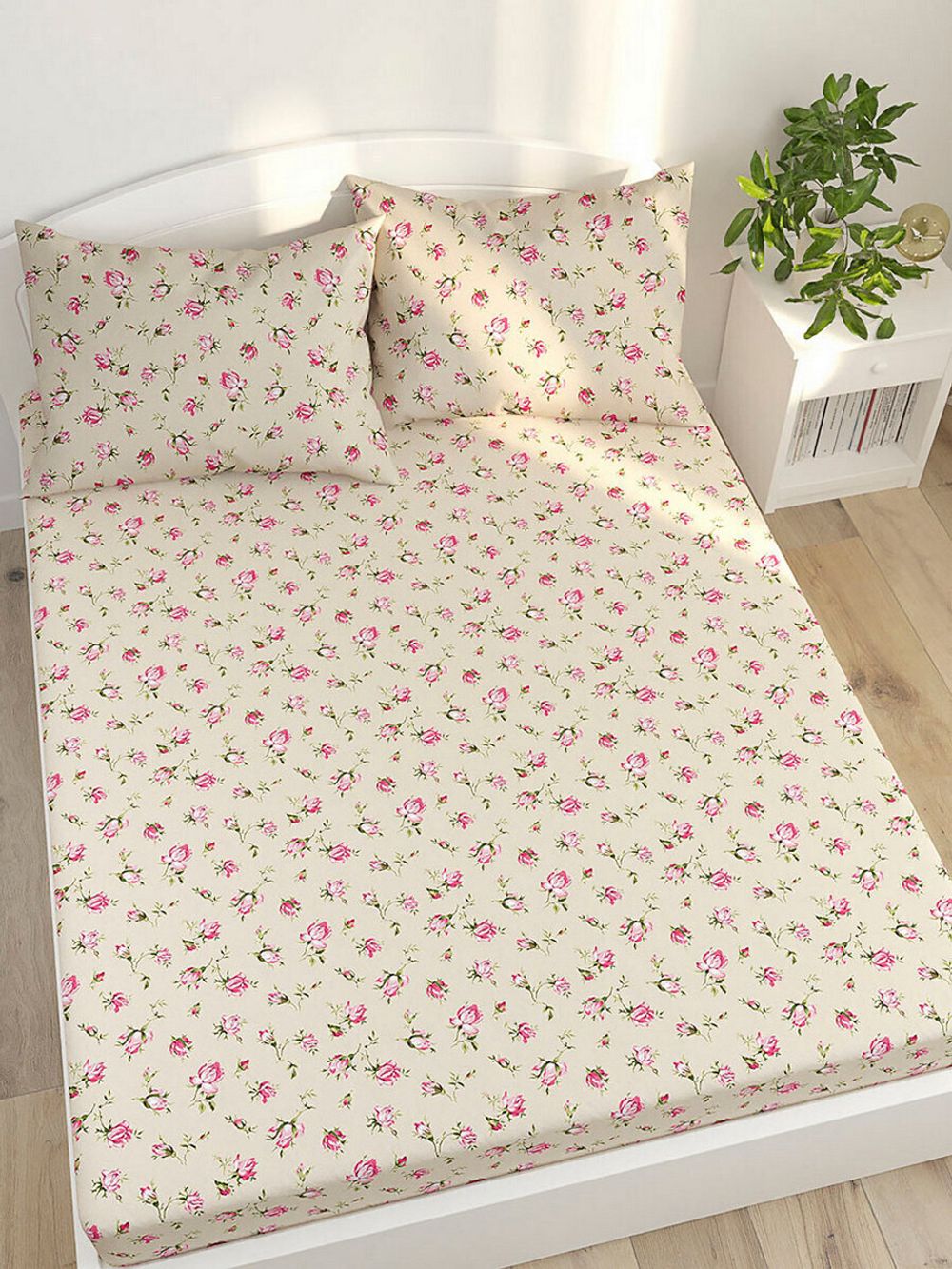 Постельное белье перкаль Сказка "Розовые бутоны на бежевом" семейное Наволочка 50х70 см 2 шт Простынь  240x215 см Пододеяльник 145x215 см 2шт