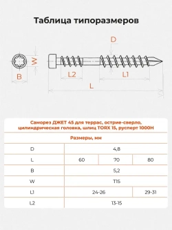 Саморез по дереву Gwozdeck для Террасной доски Потайной 5,0*80 Окрашенный Torx15 Упаковка 100 шт., подходит для ДЖЕТ 45/ДЖЕТ 90