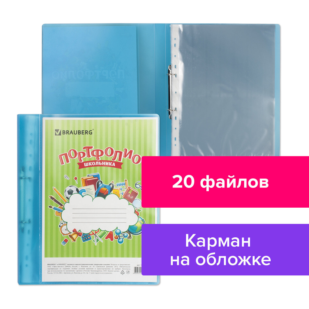 Папка для портфолио школьника 2 кольца 20 файлов пластик полупрозрачный синий BRAUBERG (3 штуки в упаковке)