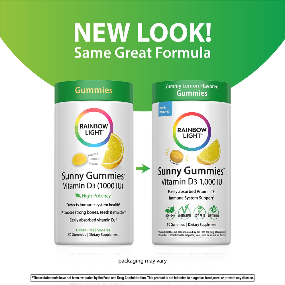 Rainbow Light, Sunny Gummies ™, витамин D3, вкусный лимон, 25 мкг (1000 МЕ), 50 жевательных таблеток