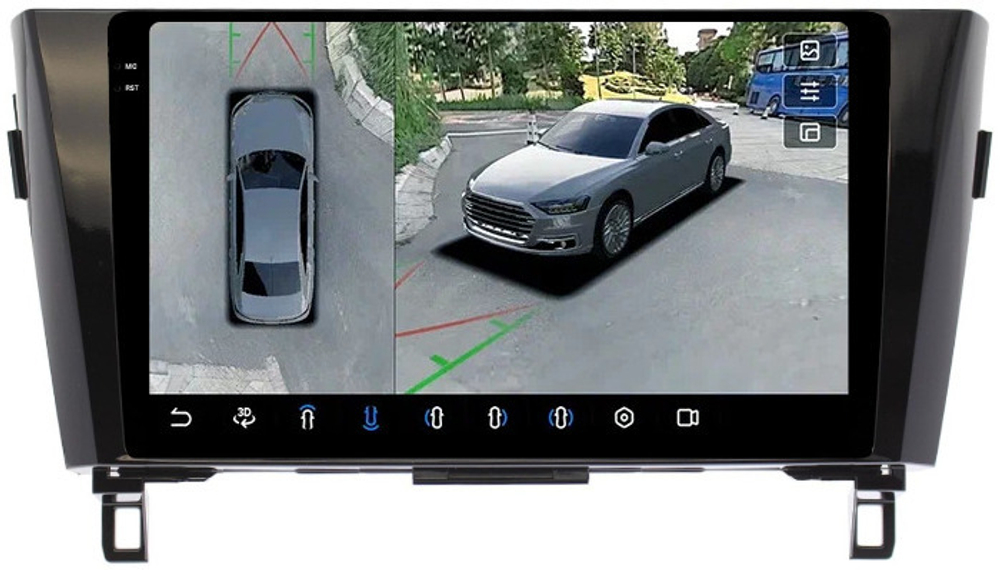 Магнитола для Nissan X-Trail T32, Qashqai J11 2014-2022 (рамка маленькая) - FarCar BX10-360-7015F2 монитор 10.36" 2K QLED на Android 13, 6Гб+128Гб, CarPlay, 4G SIM-слот, 4 камеры в комплекте