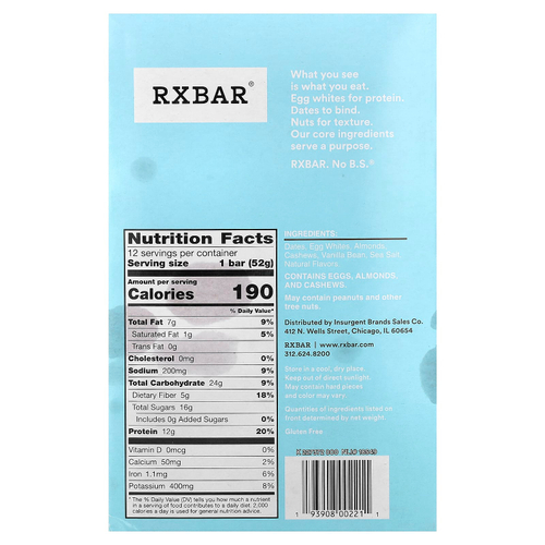 RXBAR, протеиновый батончик, ваниль и миндаль, 12 батончиков по 52 г (1,8 унции)