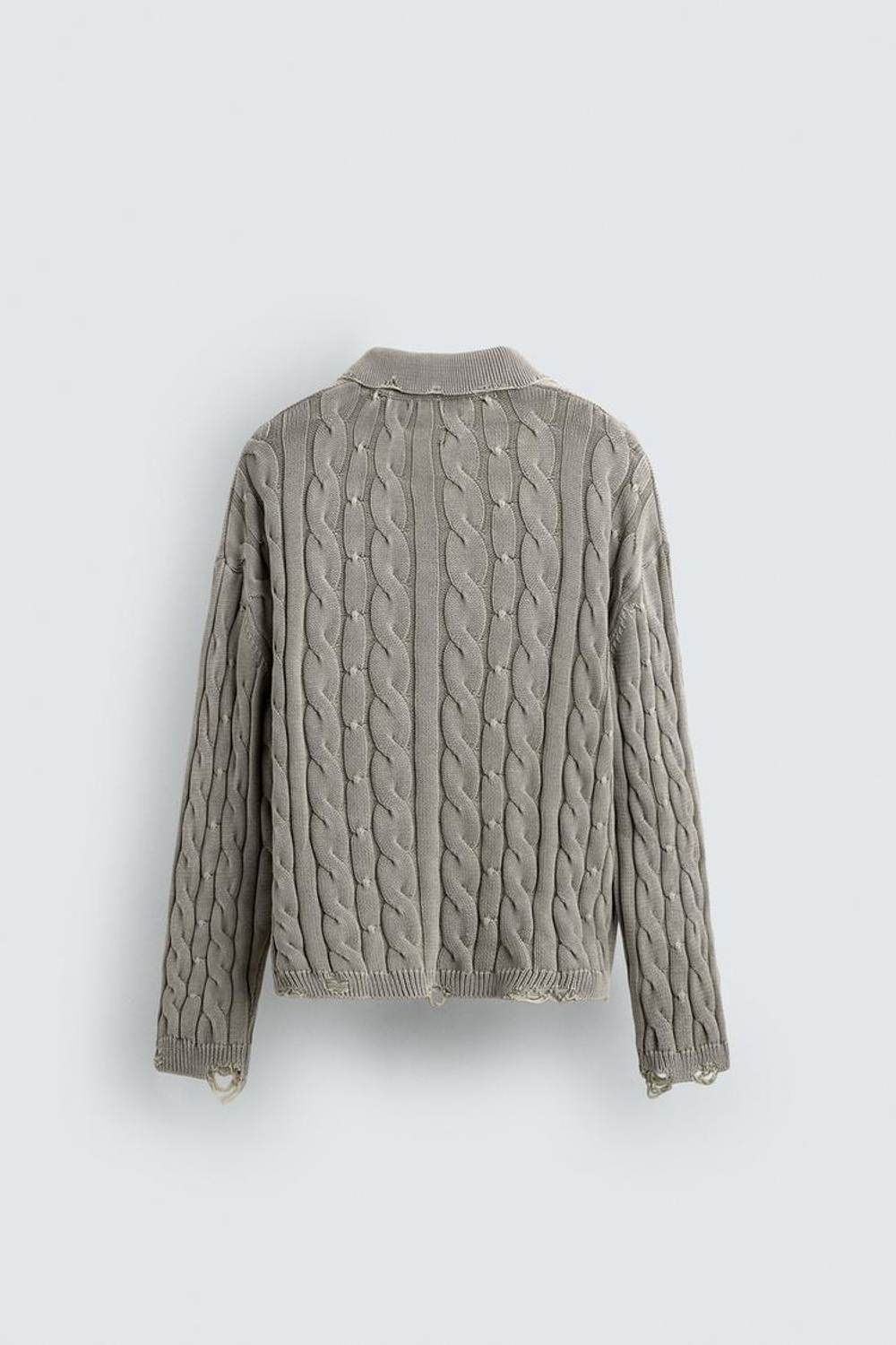 ZARA ПОЛО С ТЕКСТУРНЫМ УЗОРОМ «КОСЫ» И ЭФФЕКТОМ ПОТЕРТОСТИ, ЖЕМЧУЖНО-СЕРЫЙ