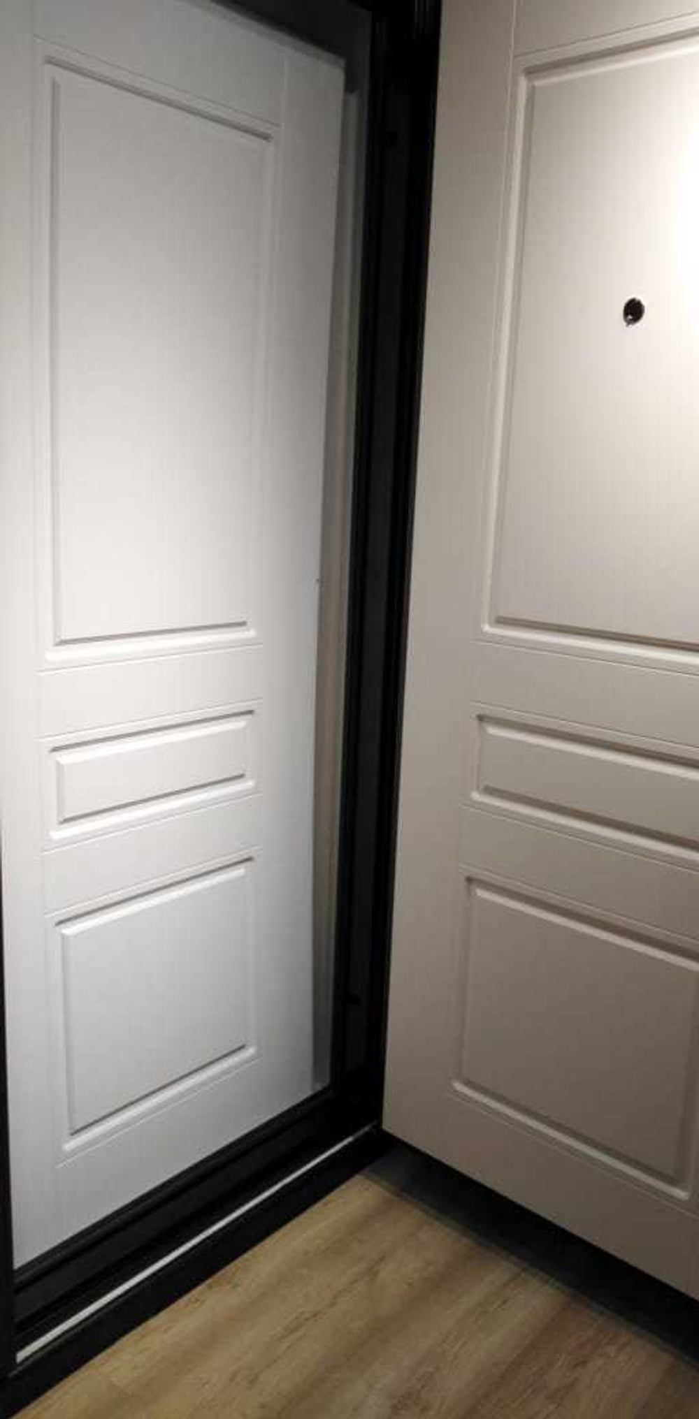 Входная металлическая дверь с зеркалом Лабиринт Storm (Шторм) дуб кантри темный / 03 Белый софт, черная фурнитура)