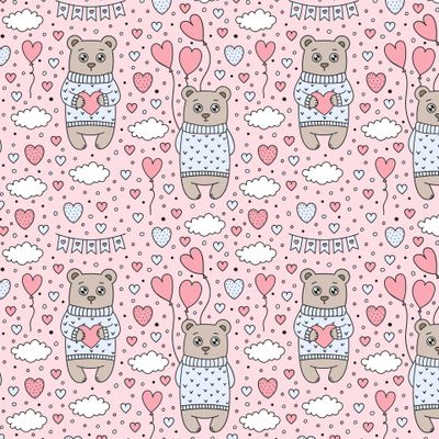 Праздничные мишки с шариками-сердечками на розовом