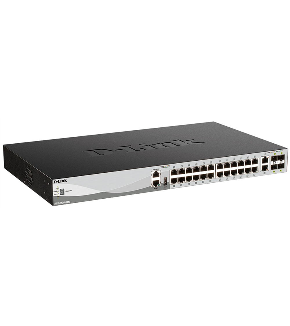 D-Link PROJ Managed L3 Stackable Switch 24x1000Base-T, 2x10GBase-T, 4x10GBase-X SFP+, Surge 6KV, CLI, 1000Base-T Management, RJ45 Console, USB, RPS, Dying Gasp