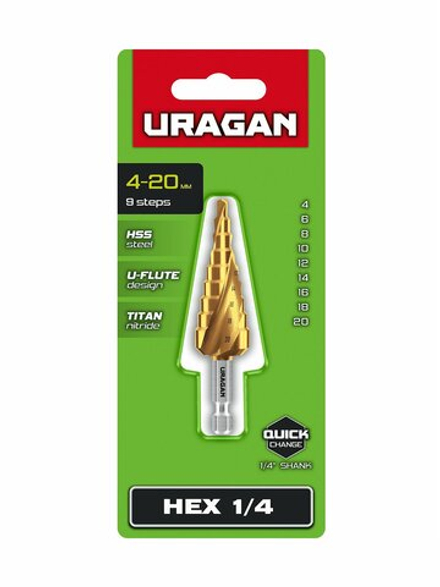 URAGAN 4-20мм, 9 ступеней, винтовая спираль, сверло ступенчатое(29658-4-20-9)