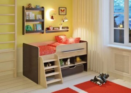 Кровать-чердак КарИВи Легенда 6 с полками  Дуб Молочный Венге