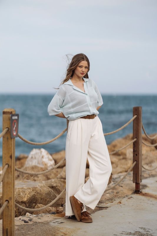 Рубашка вязаная ажурная на пуговицах, голубой