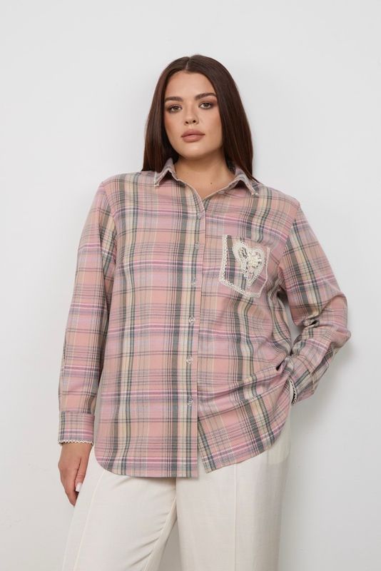 Рубашка в клетку с отделкой кружевом, розовый