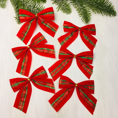Бант на ёлку «Клетка» 8*8 см (набор 6шт), Красный