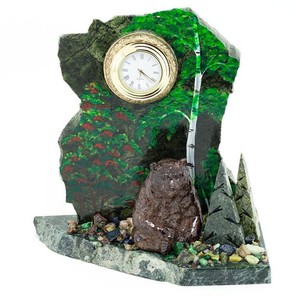 Часы &quot;Мишка в лесу сидящий&quot; змеевик 80х130х160 мм 1000 гр. R116054