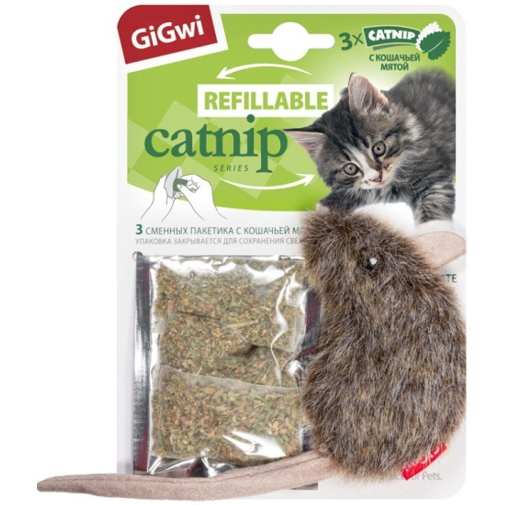 Gigwi REFILLABLE CATNIP Игрушка для кошек Мышка со сменной кошачьей мятой 10/22 см
