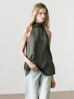 Massimo Dutti Атласный топ с горловиной халтер и завязками, сине-зеленый