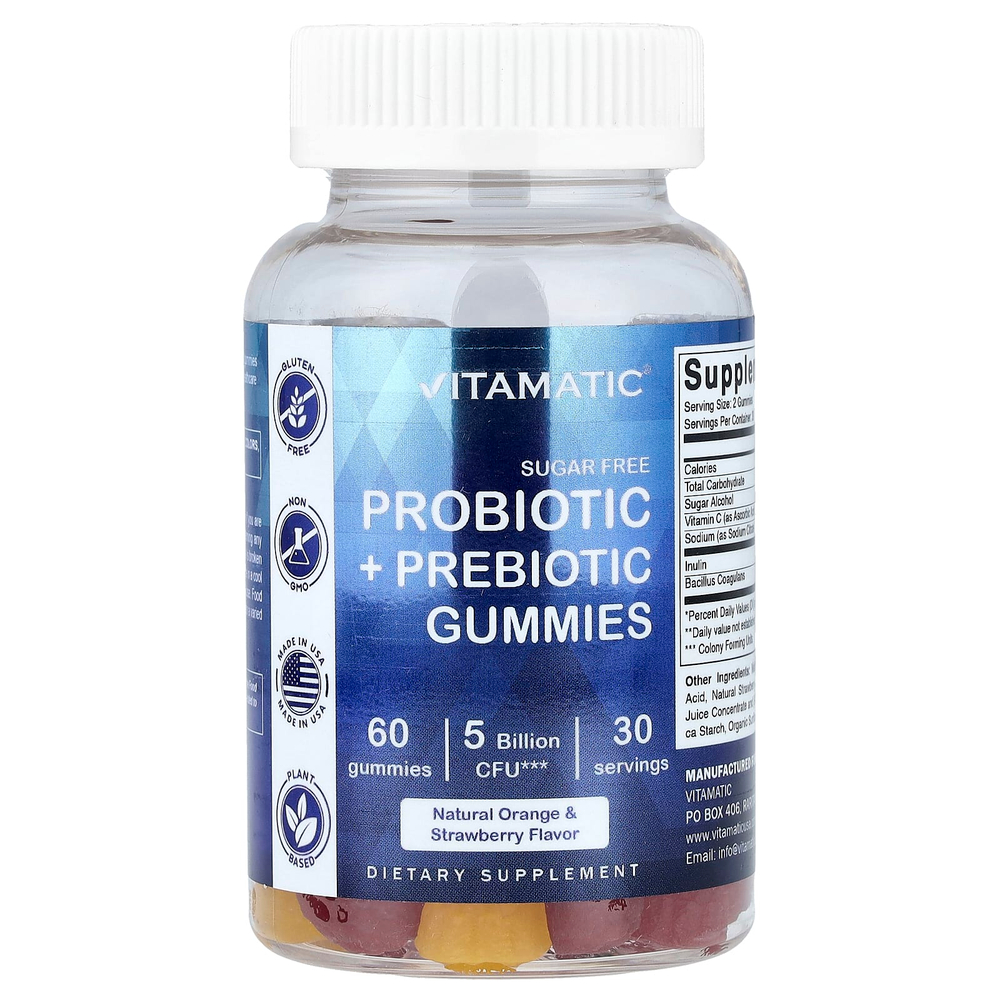 Vitamatic, жевательные таблетки с пробиотиками и пребиотиками, без сахара, натуральный апельсин и клубника, 60 жевательных таблеток (2,5 млрд КОЕ в 1 таблетке)