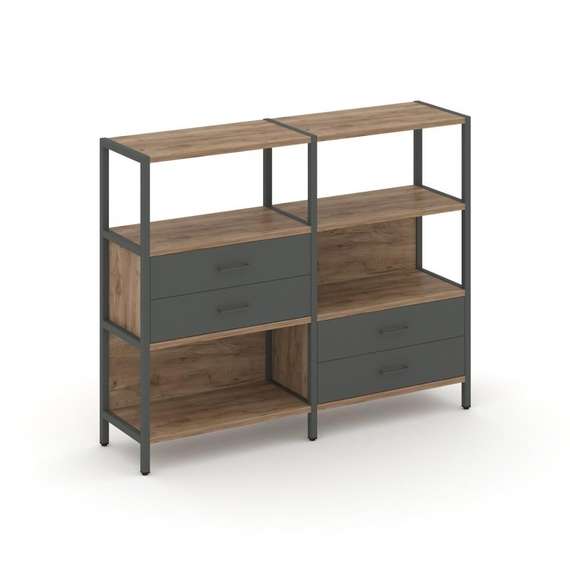 Shelf System Двухсекционный стеллаж трехярусный с ящиками SN.STM-323 Дуб Табак/Антрацит/Металл Антра