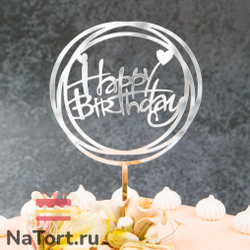 Топпер круглый «Happy Birthday» серебряный