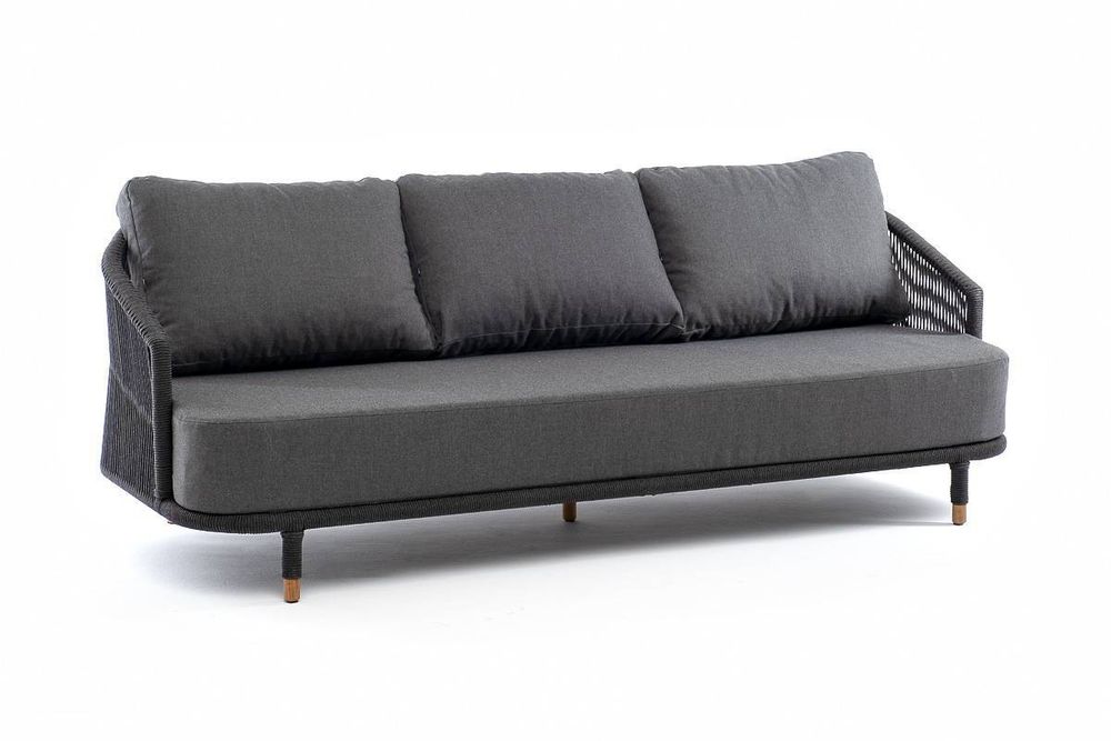 "Верона" диван 3-местный плетеный из роупа, каркас алюминий темно-серый (RAL7024) муар, роуп темно-серый круглый, ткань темно-серая 027