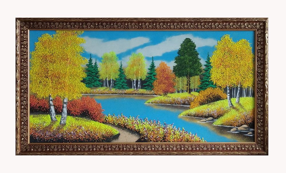Картина№10&quot; Осень&quot; рисованная уральскими минералами в деревянном багете, размер 110-60-3.3см