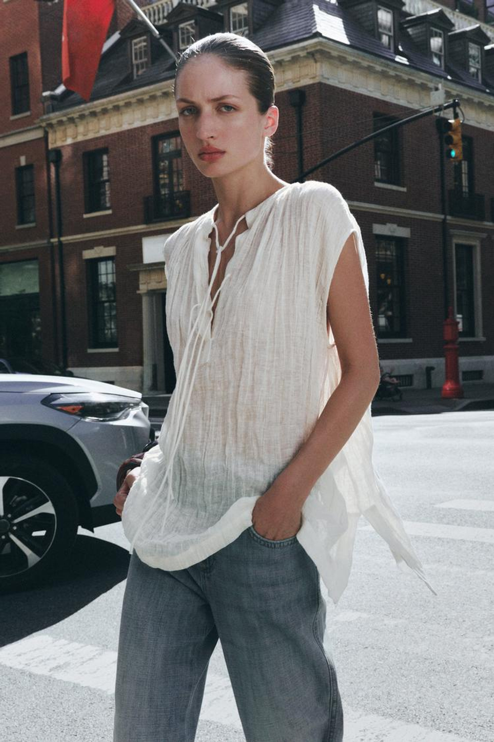 ZARA БЛУЗА С ЗАВЯЗКАМИ ZW, ЖЕЛТОВАТО-БЕЛЫЙ