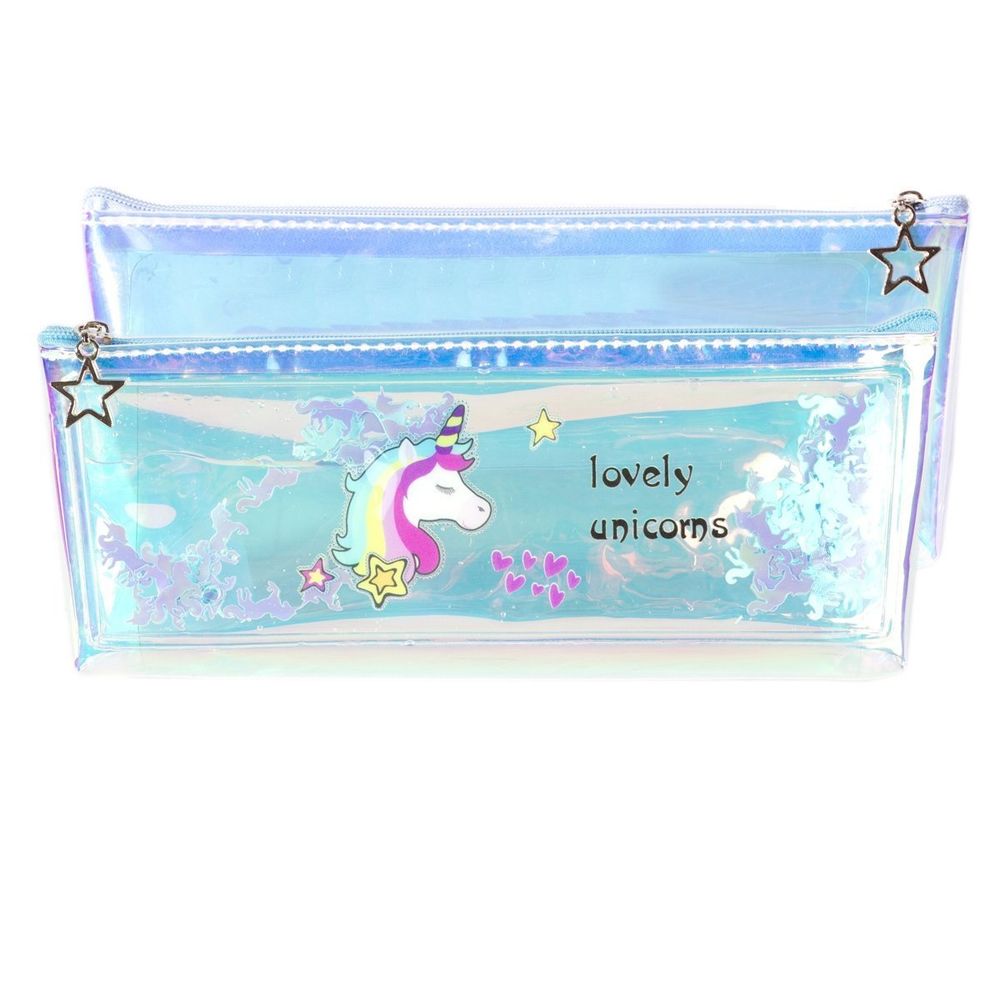 Пенал - косметичка, Alingar, ПВХ-голографика, молния, жидкость, 75 х 210 мм, "Голубая голографика. Единорог", голубой
