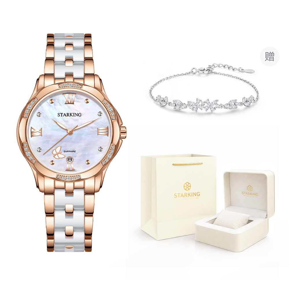 STARKING Quartz Movement Ceramic Strap Watch Women"s Watch White Dial