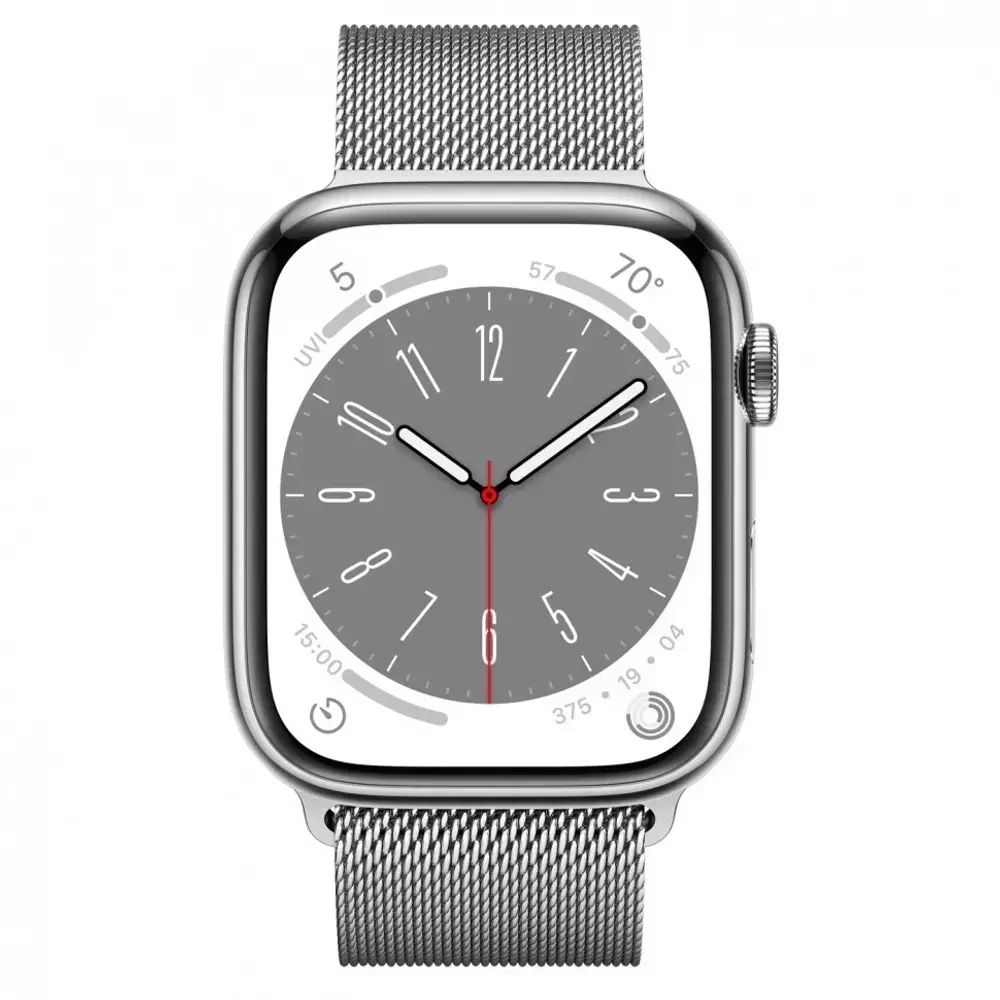 Apple Watch Series 8, 45мм, из стали серебристого цвета, миланский сетчатый браслет