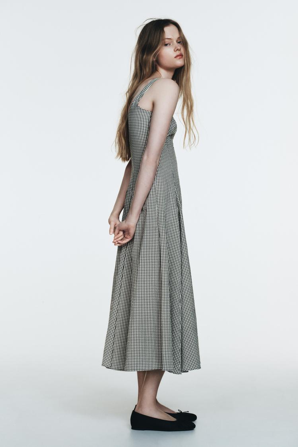 ZARA ПЛАТЬЕ МИДИ В КЛЕТКУ ВИШИ, БЕЛЫЙ/ЗЕЛЕНЫЙ